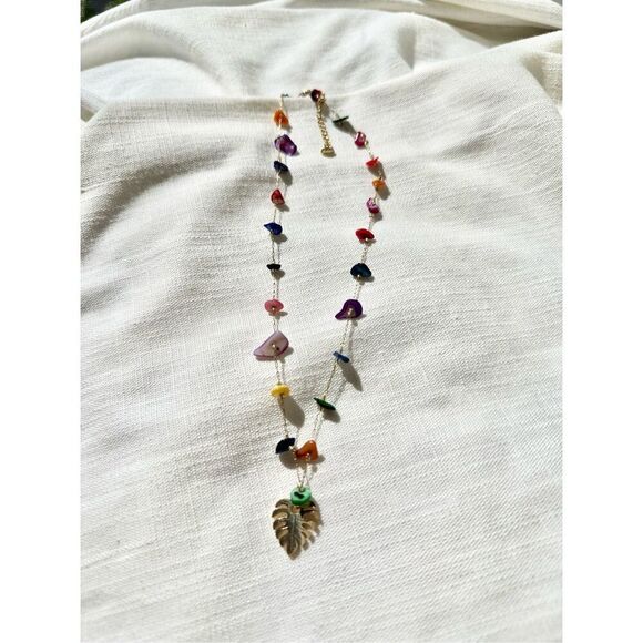 Multicolor stone palm leaf summertime Bohemian necklace  - Picture 5 of 6